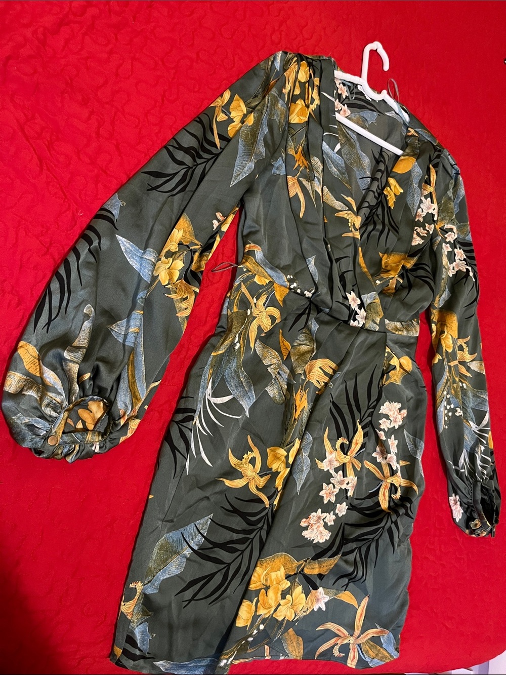 Fashion Nova Olive Green Floral Wrap Dress with Mustard and Blue Accents